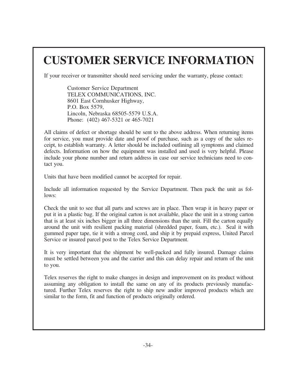 Customer service information | Telex TR-300 User Manual | Page 36 / 38