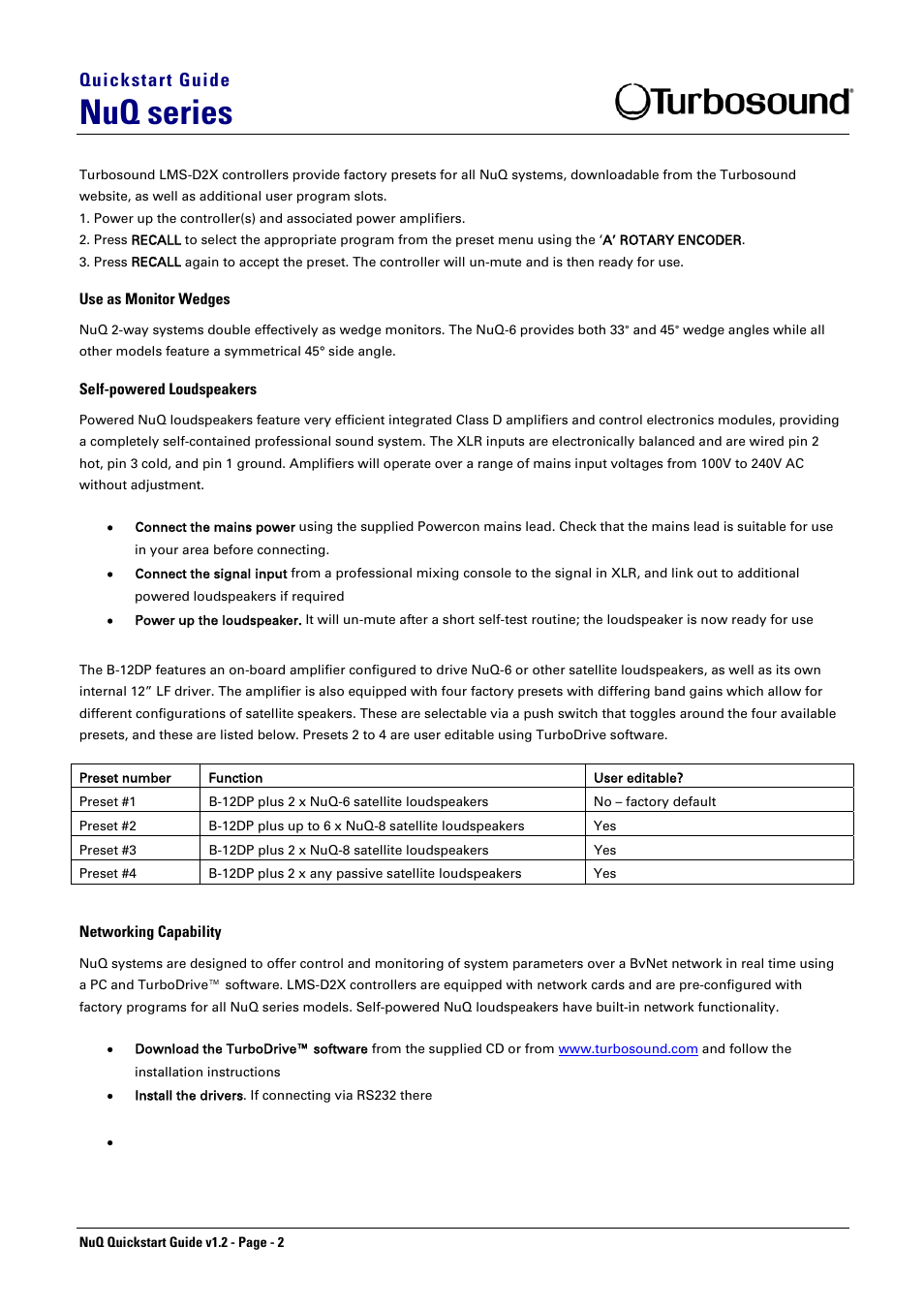 Nuq series, Quickstart guide | Turbosound NUQ-12/DP User Manual | Page 2 / 4