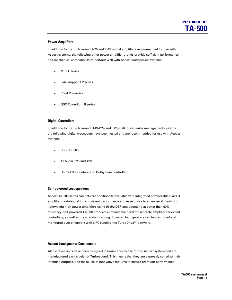 Ta-500, User manual | Turbosound TA-500DP User Manual | Page 11 / 73