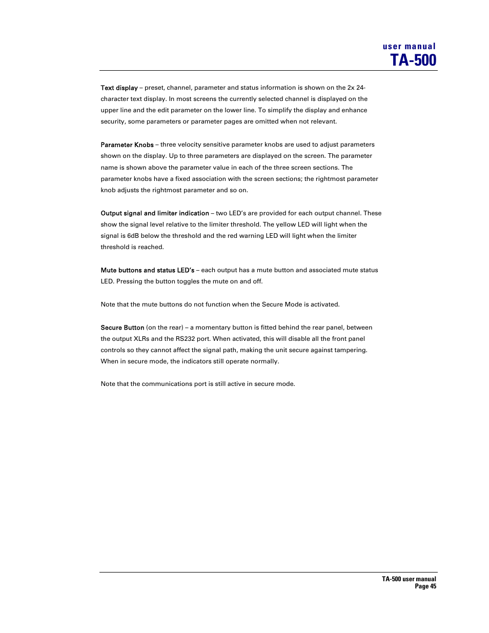 Ta-500 | Turbosound TA-500DP User Manual | Page 45 / 73
