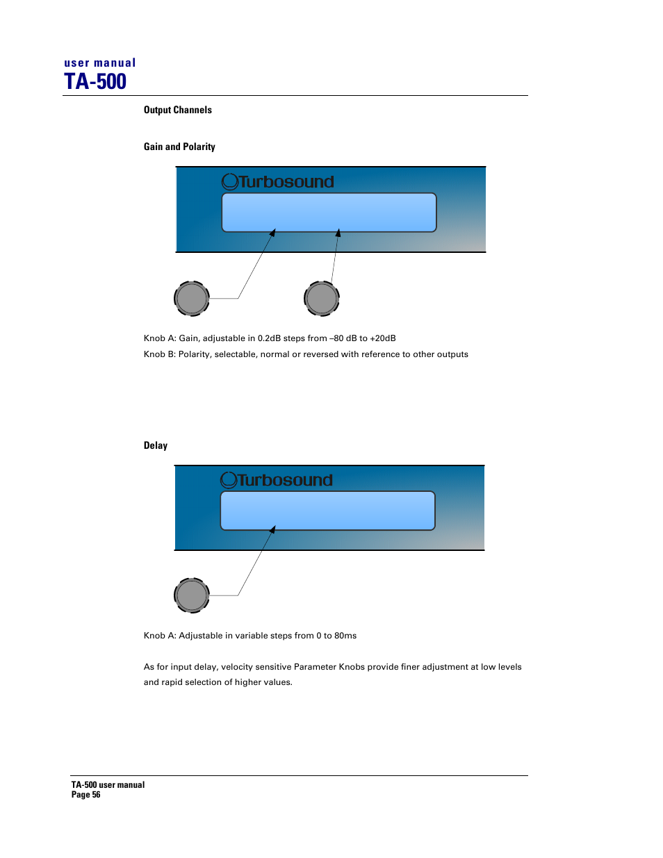 Ta-500, Out1 gain pol 0.0db rev, Out1 delay 1.50ms | Turbosound TA-500DP User Manual | Page 56 / 73