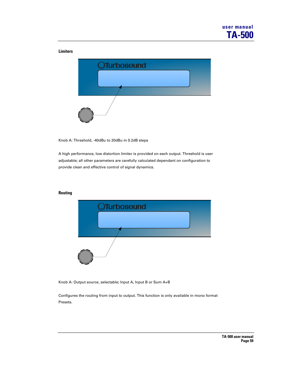 Ta-500, Out1 thresh lim 4.0db, Out1 source inp a | Turbosound TA-500DP User Manual | Page 59 / 73