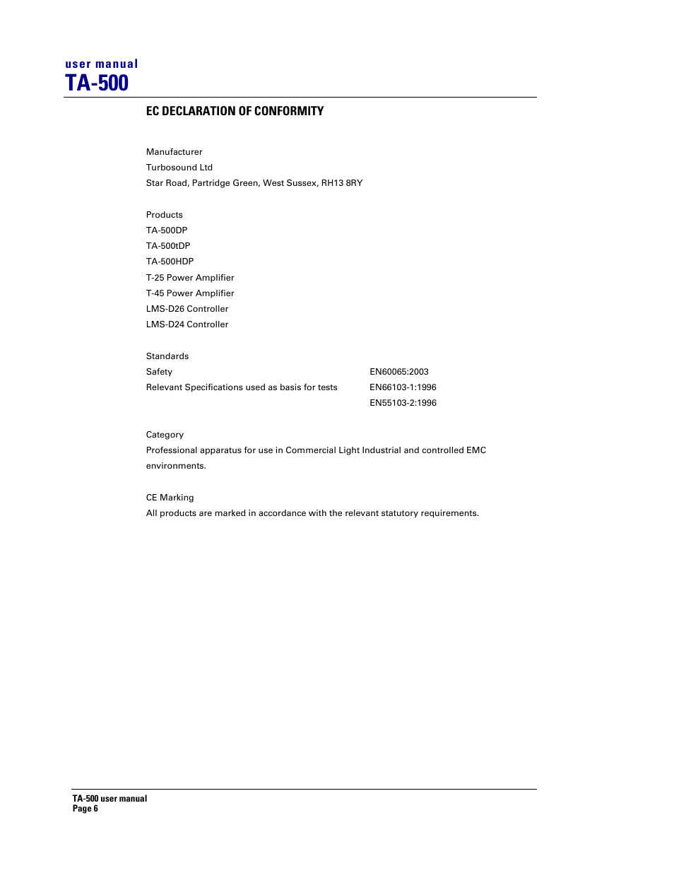 Ta-500 | Turbosound TA-500DP User Manual | Page 6 / 73