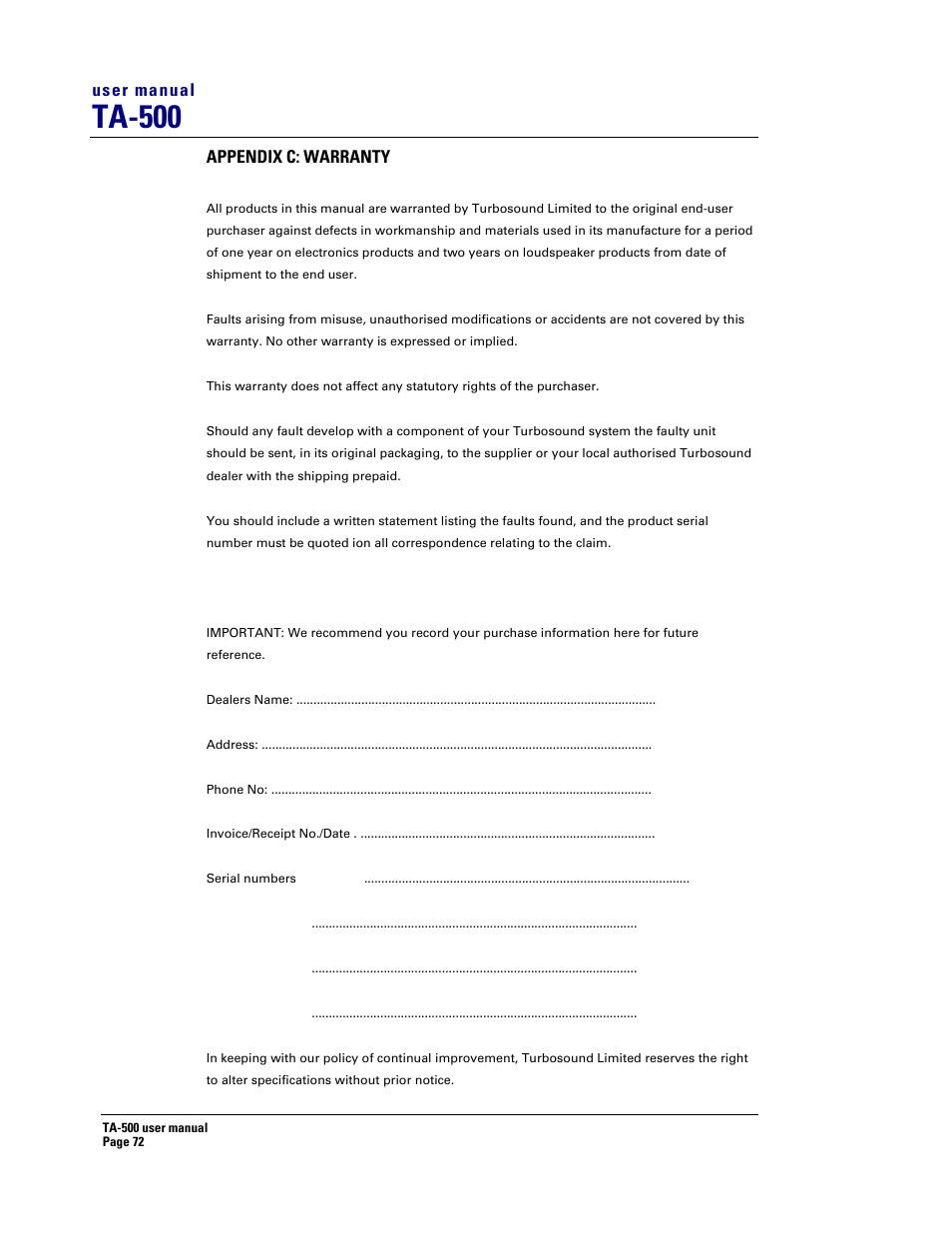 Ta-500, User manual, Appendix c: warranty | Turbosound TA-500DP User Manual | Page 72 / 73