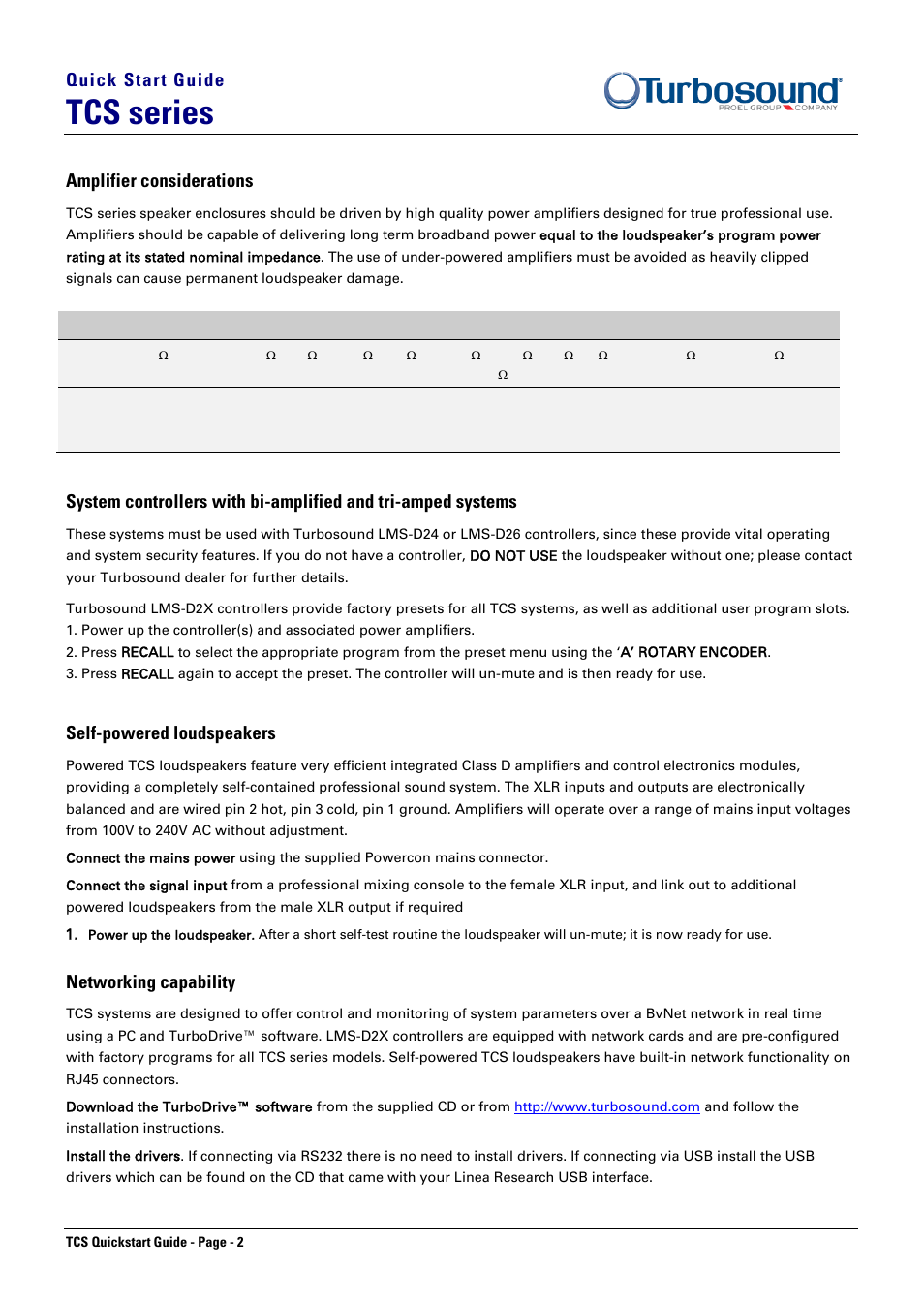 Tcs series, Quick start guide, Amplifier considerations | Self-powered loudspeakers, Networking capability | Turbosound TCS SERIES TCS-152/XX(DP) User Manual | Page 2 / 8