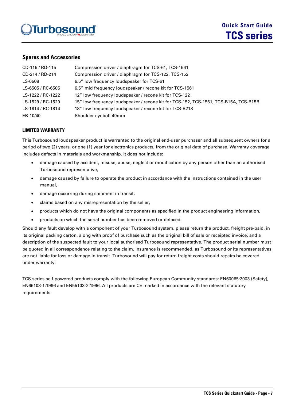 Tcs series, Quick start guide, Spares and accessories | Turbosound TCS SERIES TCS-152/XX(DP) User Manual | Page 7 / 8