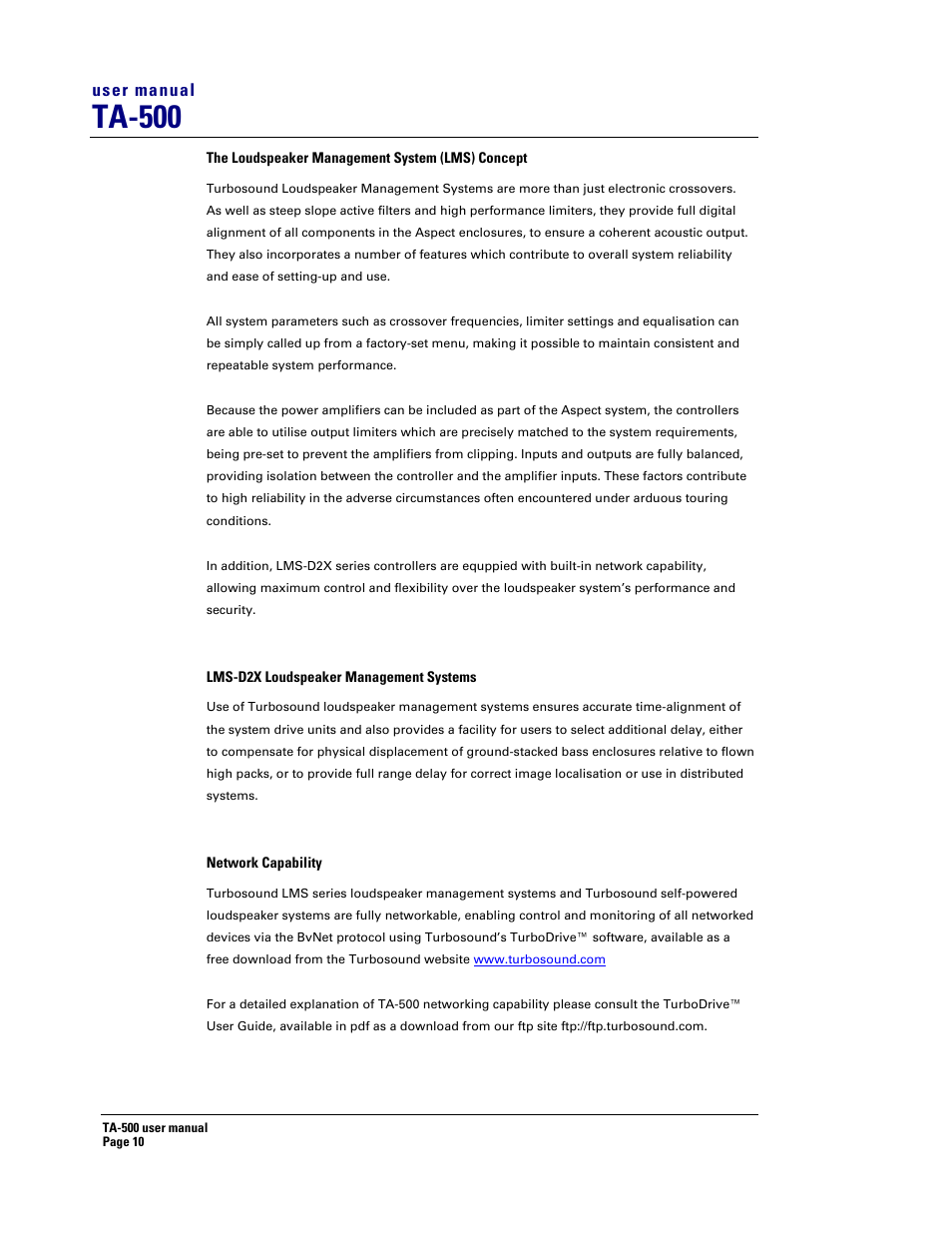 Ta-500 | Turbosound ASPECT TA-500 SYSTEM TA-500HDP User Manual | Page 10 / 73