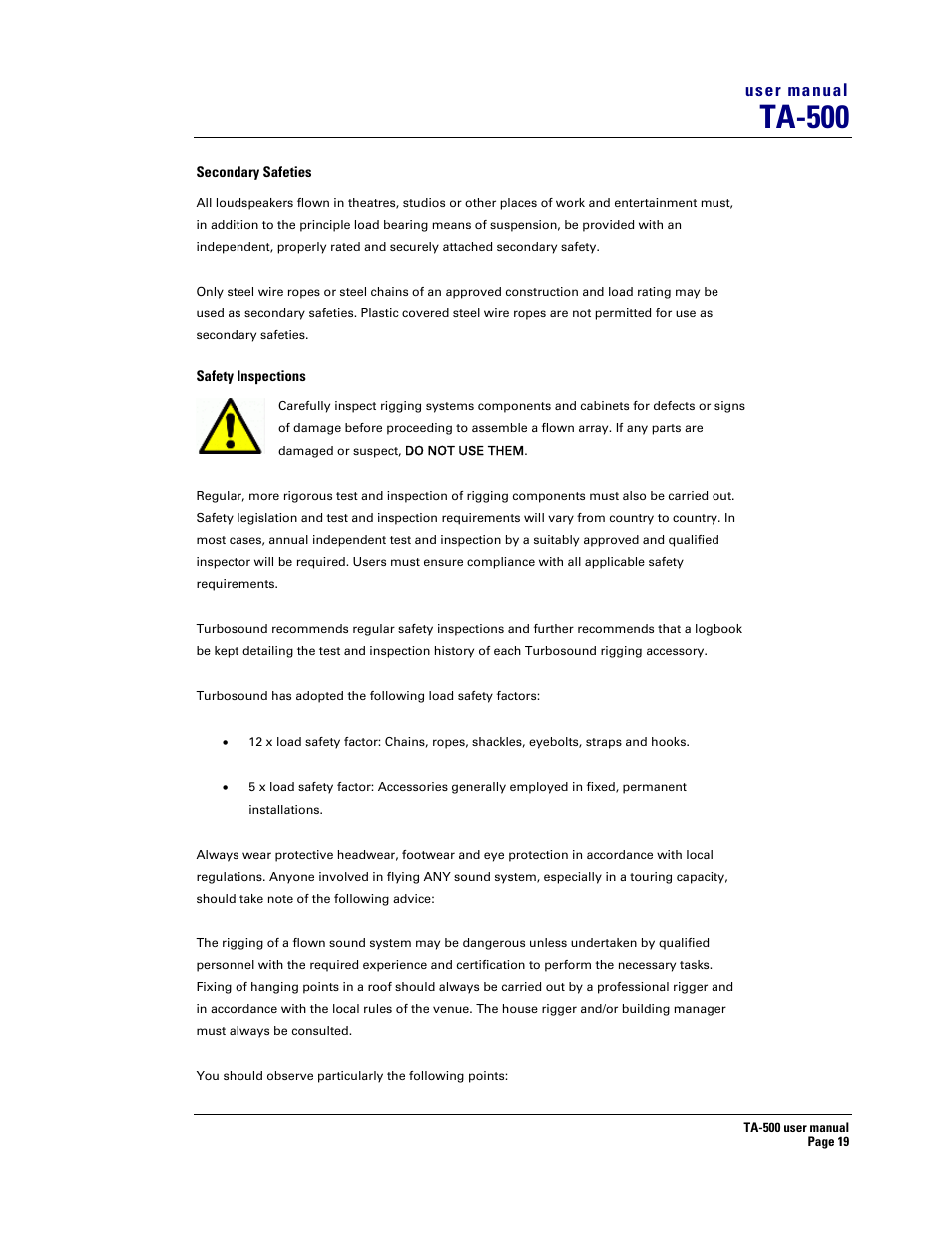 Ta-500, User manual | Turbosound ASPECT TA-500 SYSTEM TA-500HDP User Manual | Page 19 / 73