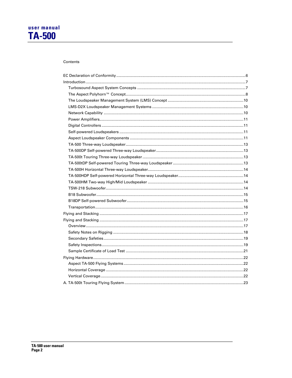 Ta-500 | Turbosound ASPECT TA-500 SYSTEM TA-500HDP User Manual | Page 2 / 73