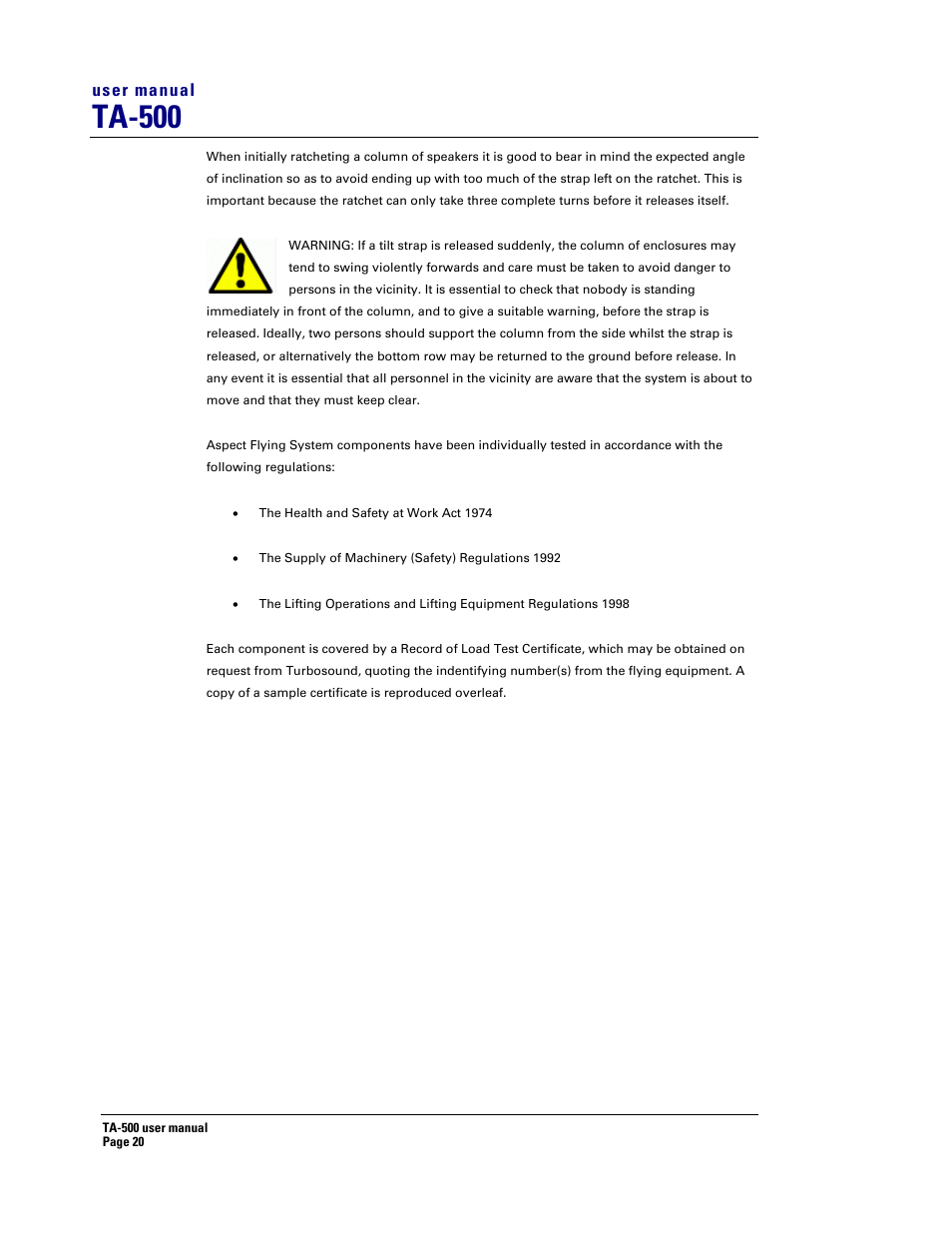 Ta-500 | Turbosound ASPECT TA-500 SYSTEM TA-500HDP User Manual | Page 20 / 73