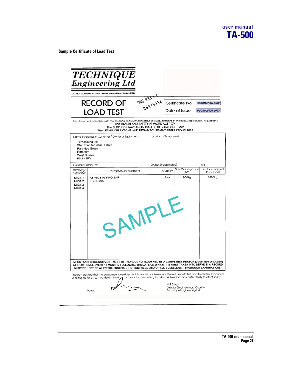 Ta-500 | Turbosound ASPECT TA-500 SYSTEM TA-500HDP User Manual | Page 21 / 73