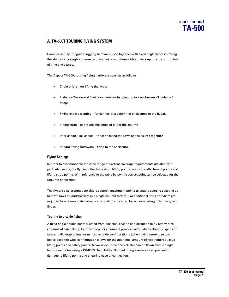 Ta-500, User manual, A. ta-500t touring flying system | Turbosound ASPECT TA-500 SYSTEM TA-500HDP User Manual | Page 23 / 73