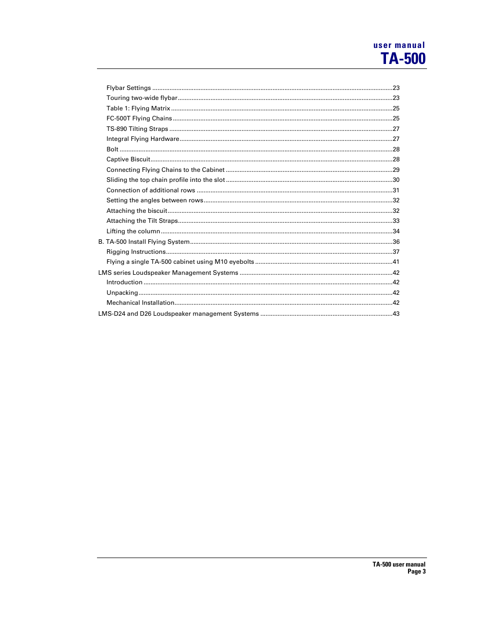 Ta-500 | Turbosound ASPECT TA-500 SYSTEM TA-500HDP User Manual | Page 3 / 73
