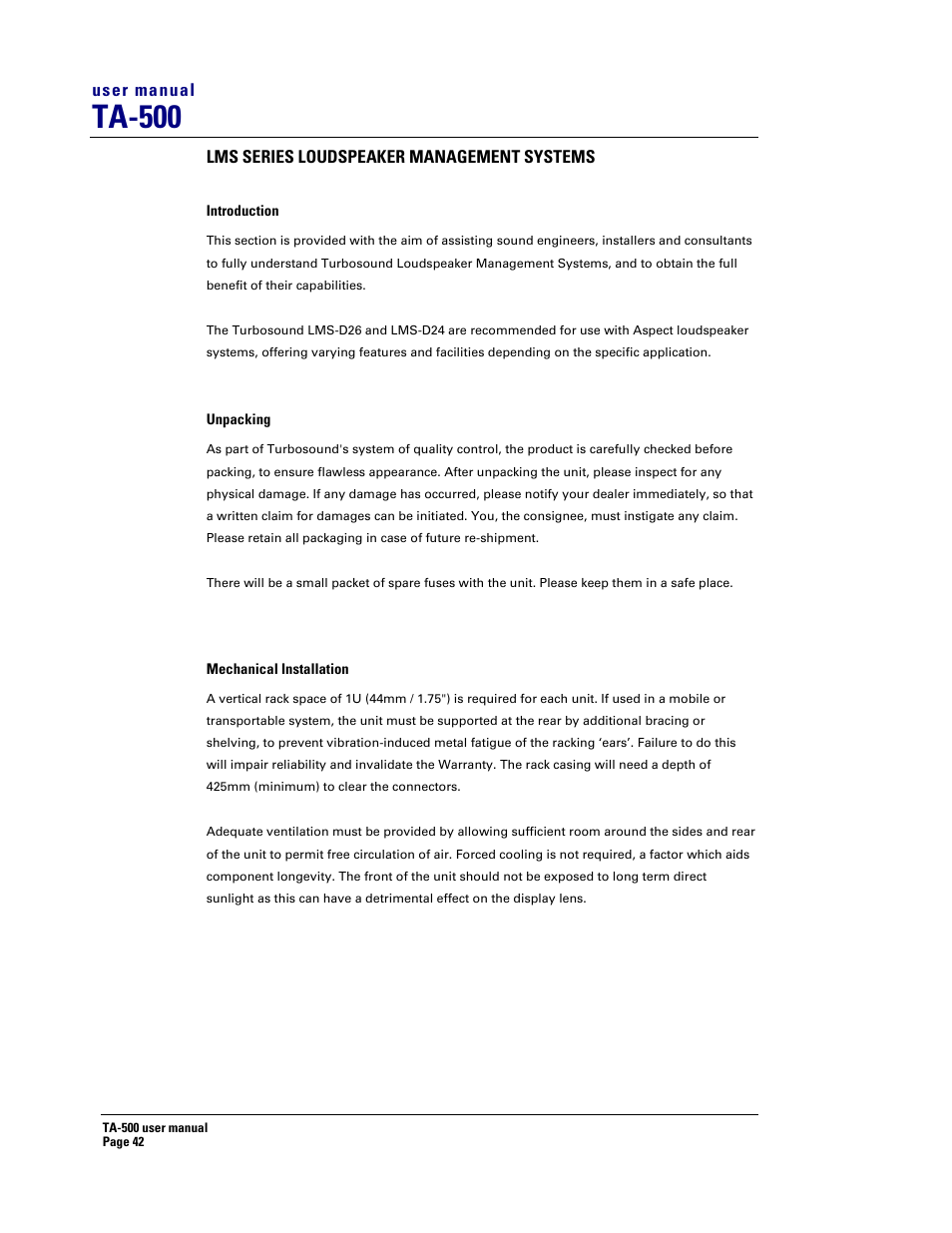 Ta-500 | Turbosound ASPECT TA-500 SYSTEM TA-500HDP User Manual | Page 42 / 73