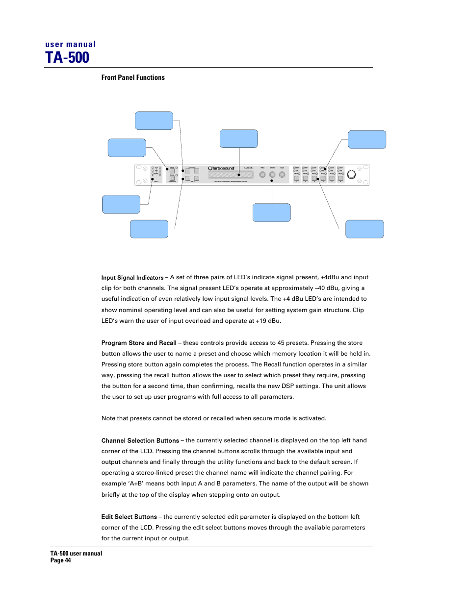 Ta-500, User manual | Turbosound ASPECT TA-500 SYSTEM TA-500HDP User Manual | Page 44 / 73