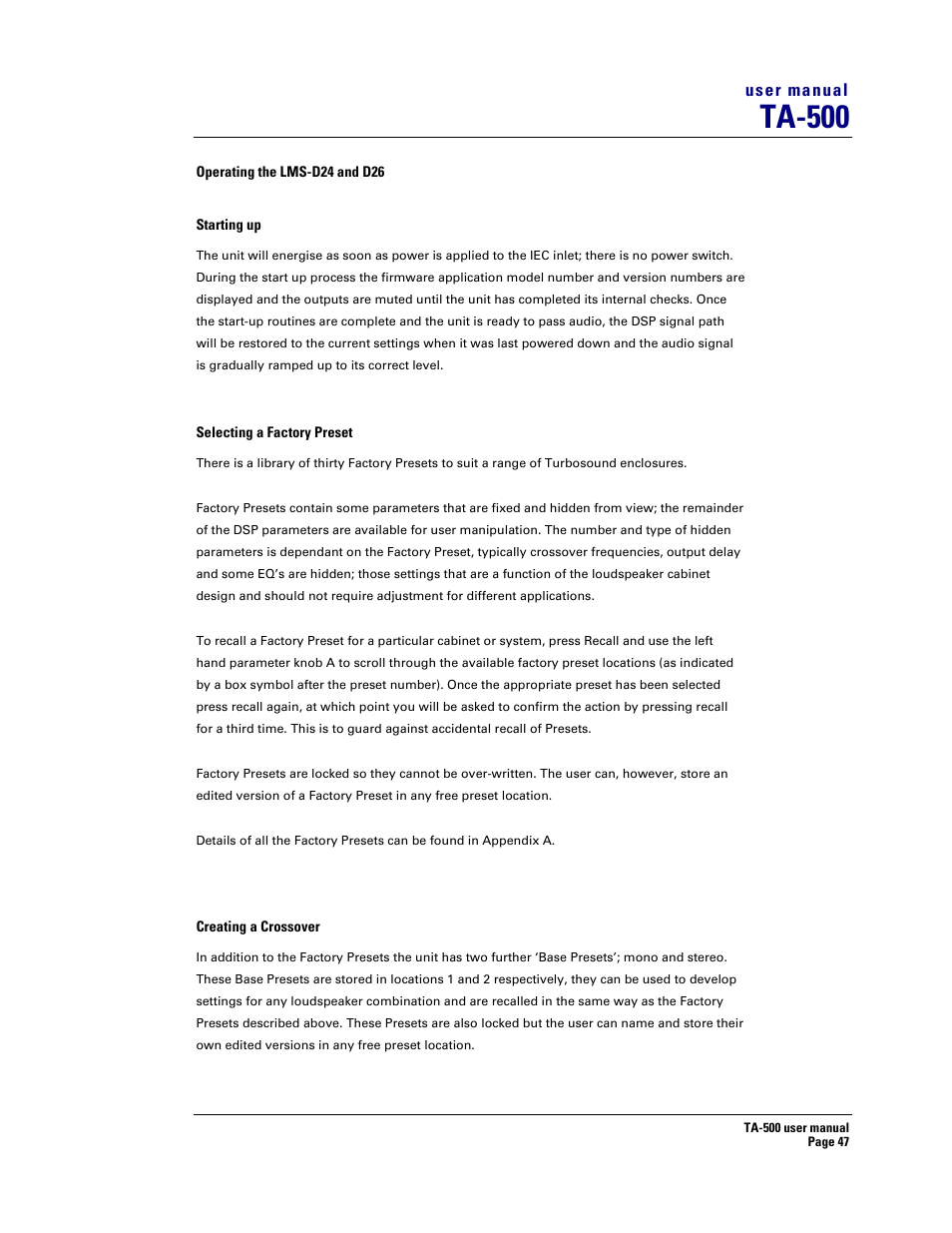 Ta-500 | Turbosound ASPECT TA-500 SYSTEM TA-500HDP User Manual | Page 47 / 73