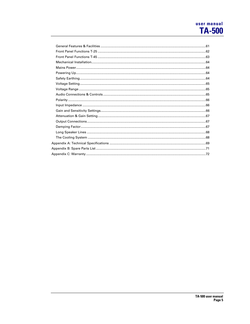 Ta-500 | Turbosound ASPECT TA-500 SYSTEM TA-500HDP User Manual | Page 5 / 73