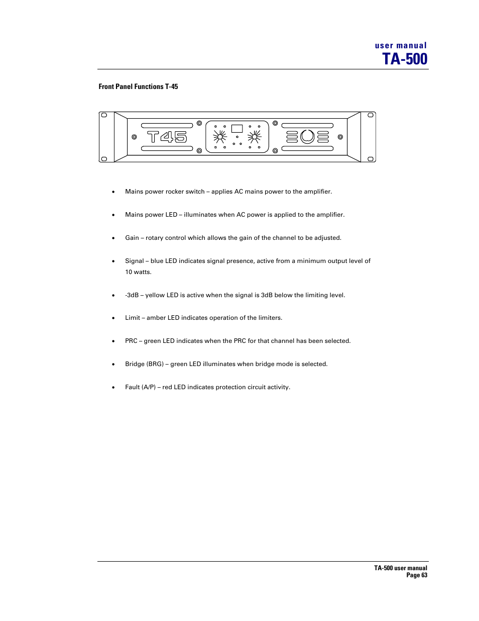 Ta-500, User manual | Turbosound ASPECT TA-500 SYSTEM TA-500HDP User Manual | Page 63 / 73