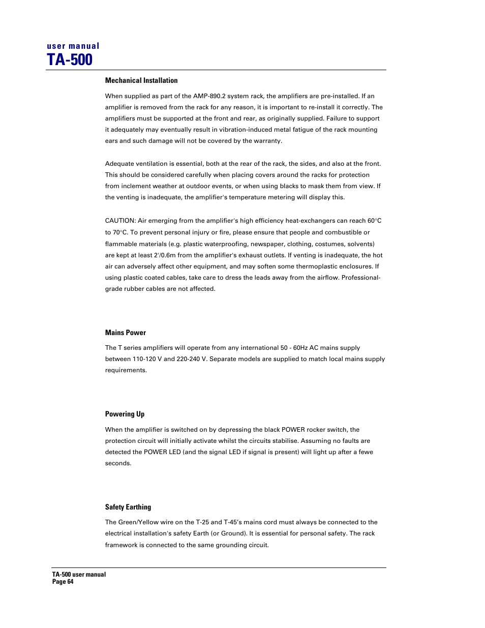 Ta-500 | Turbosound ASPECT TA-500 SYSTEM TA-500HDP User Manual | Page 64 / 73
