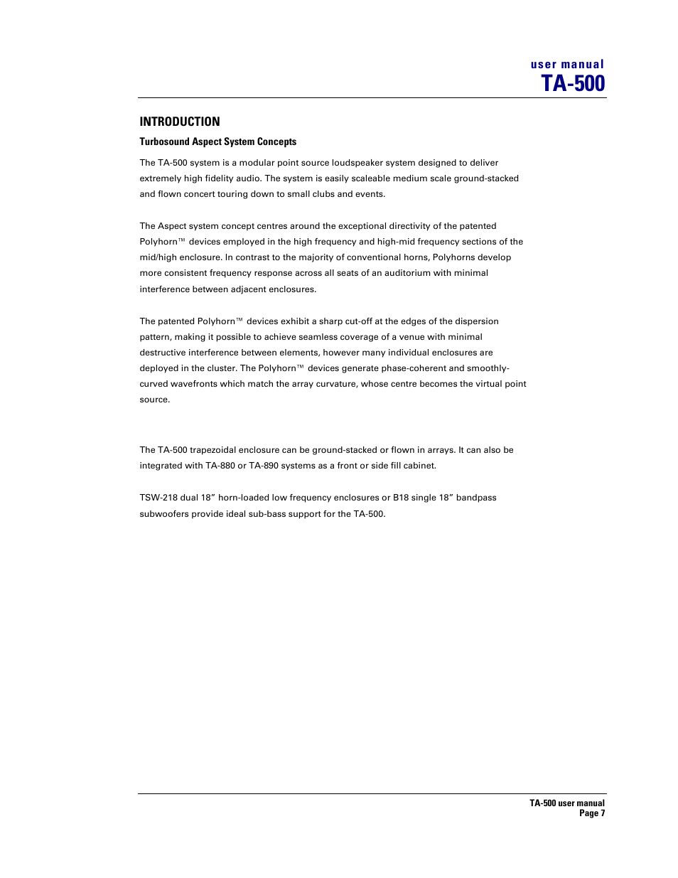 Ta-500 | Turbosound ASPECT TA-500 SYSTEM TA-500HDP User Manual | Page 7 / 73
