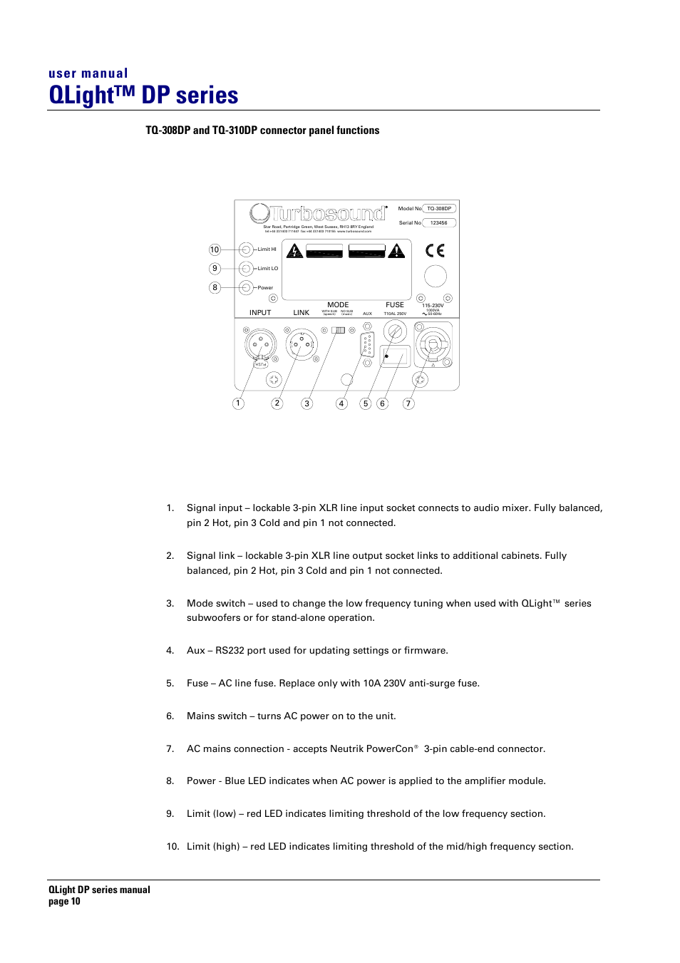 Qlight™ dp series, User manual, Qlight dp series manual page 10 | Turbosound TQ-445DP User Manual | Page 10 / 35