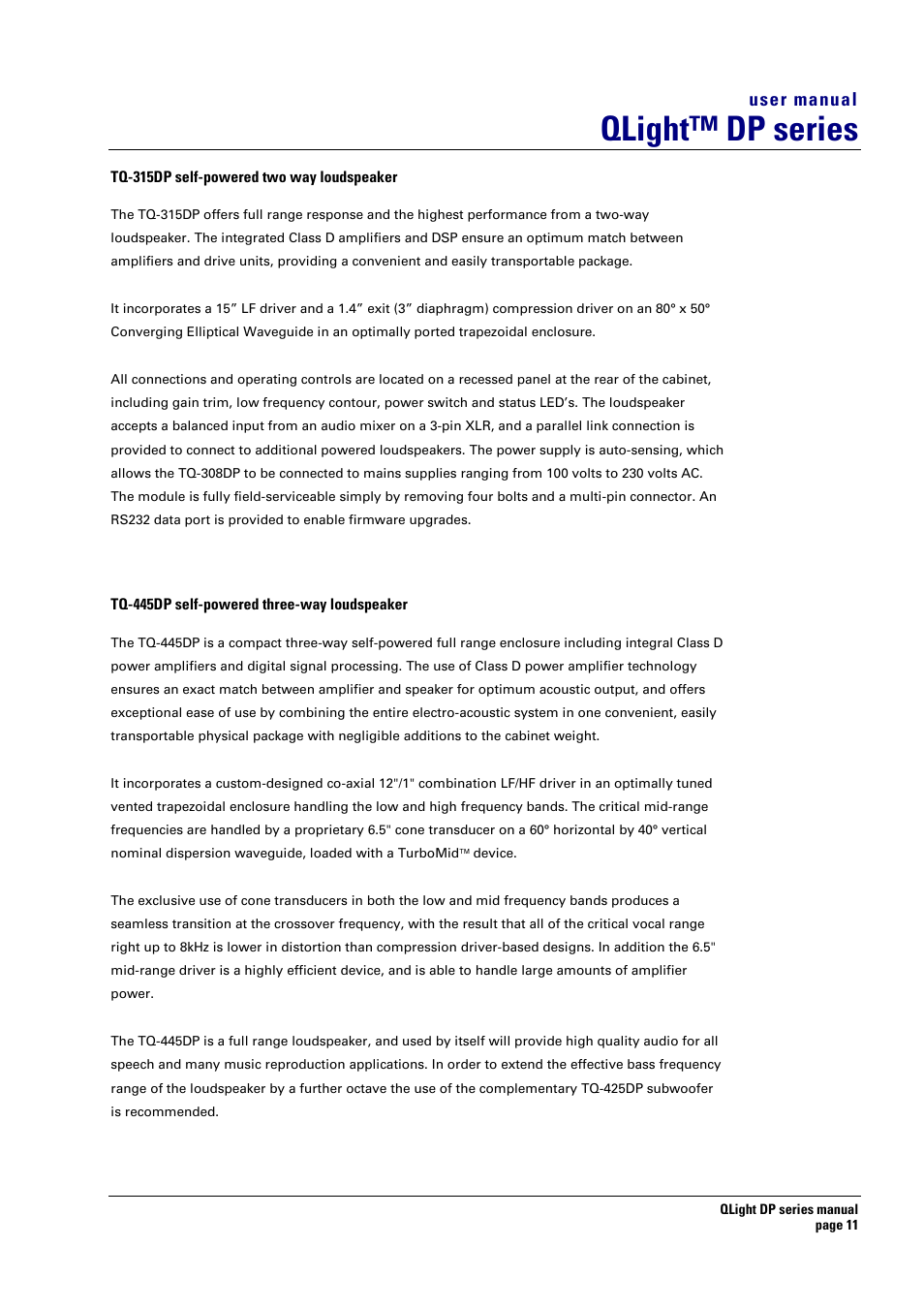 Qlight™ dp series, User manual | Turbosound TQ-445DP User Manual | Page 11 / 35