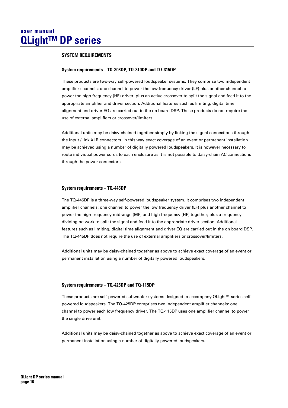 Qlight™ dp series, User manual | Turbosound TQ-445DP User Manual | Page 16 / 35
