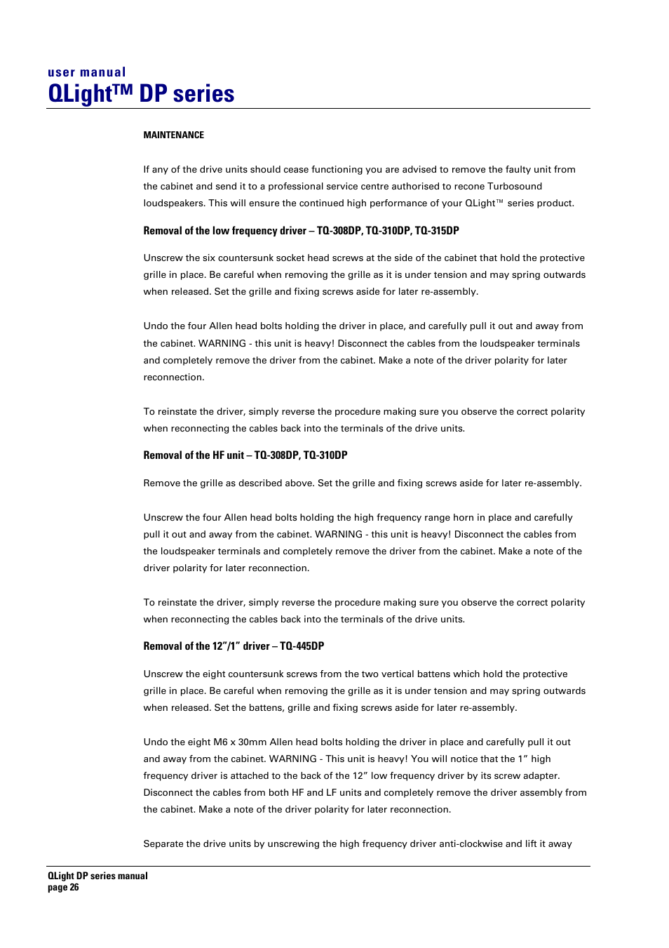 Qlight™ dp series, User manual | Turbosound TQ-445DP User Manual | Page 26 / 35