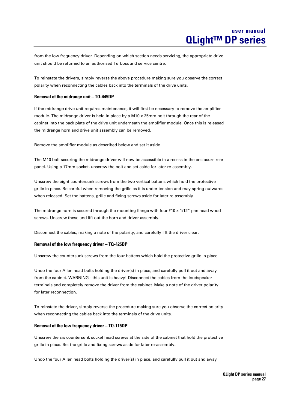 Qlight™ dp series, User manual | Turbosound TQ-445DP User Manual | Page 27 / 35