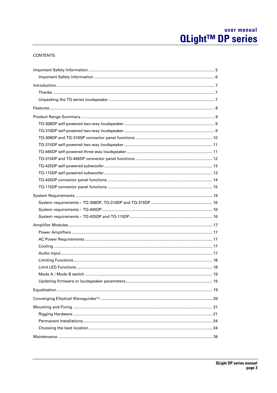Qlight™ dp series | Turbosound TQ-445DP User Manual | Page 3 / 35