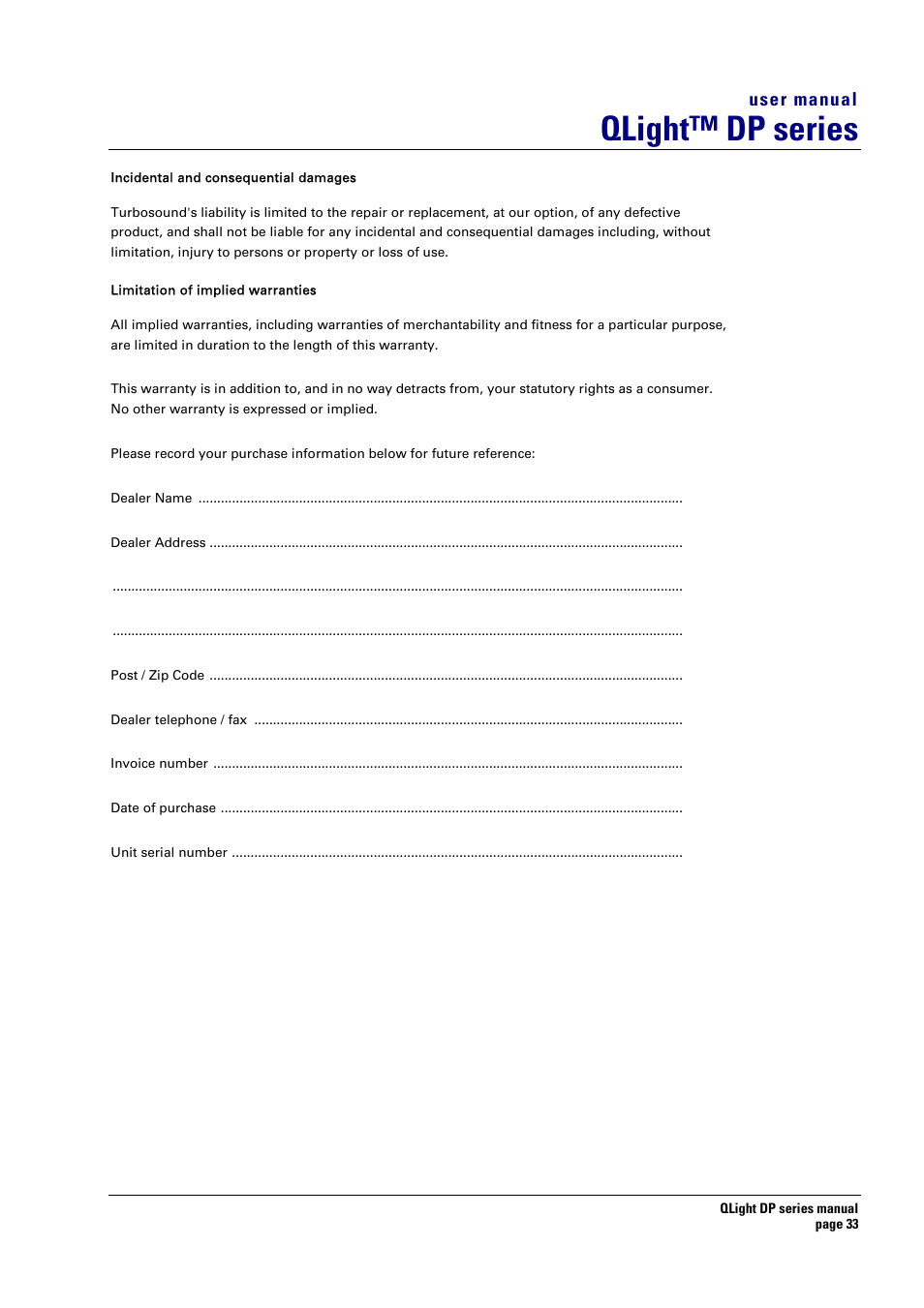 Qlight™ dp series, User manual | Turbosound TQ-445DP User Manual | Page 33 / 35