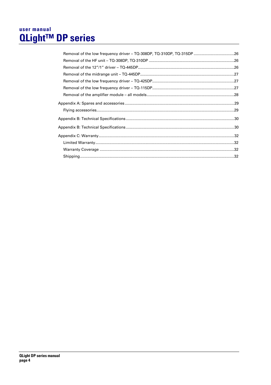 Qlight™ dp series | Turbosound TQ-445DP User Manual | Page 4 / 35
