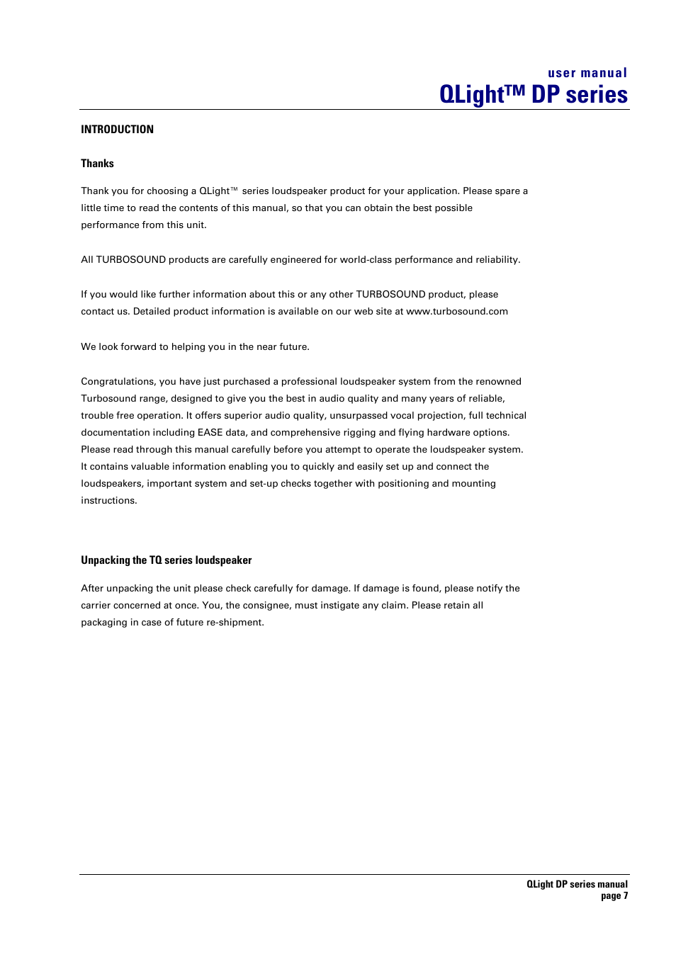 Qlight™ dp series, User manual | Turbosound TQ-445DP User Manual | Page 7 / 35