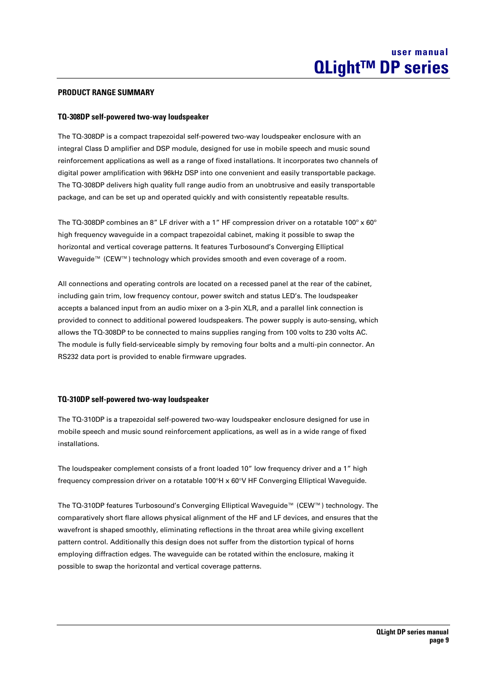Qlight™ dp series, User manual | Turbosound TQ-445DP User Manual | Page 9 / 35