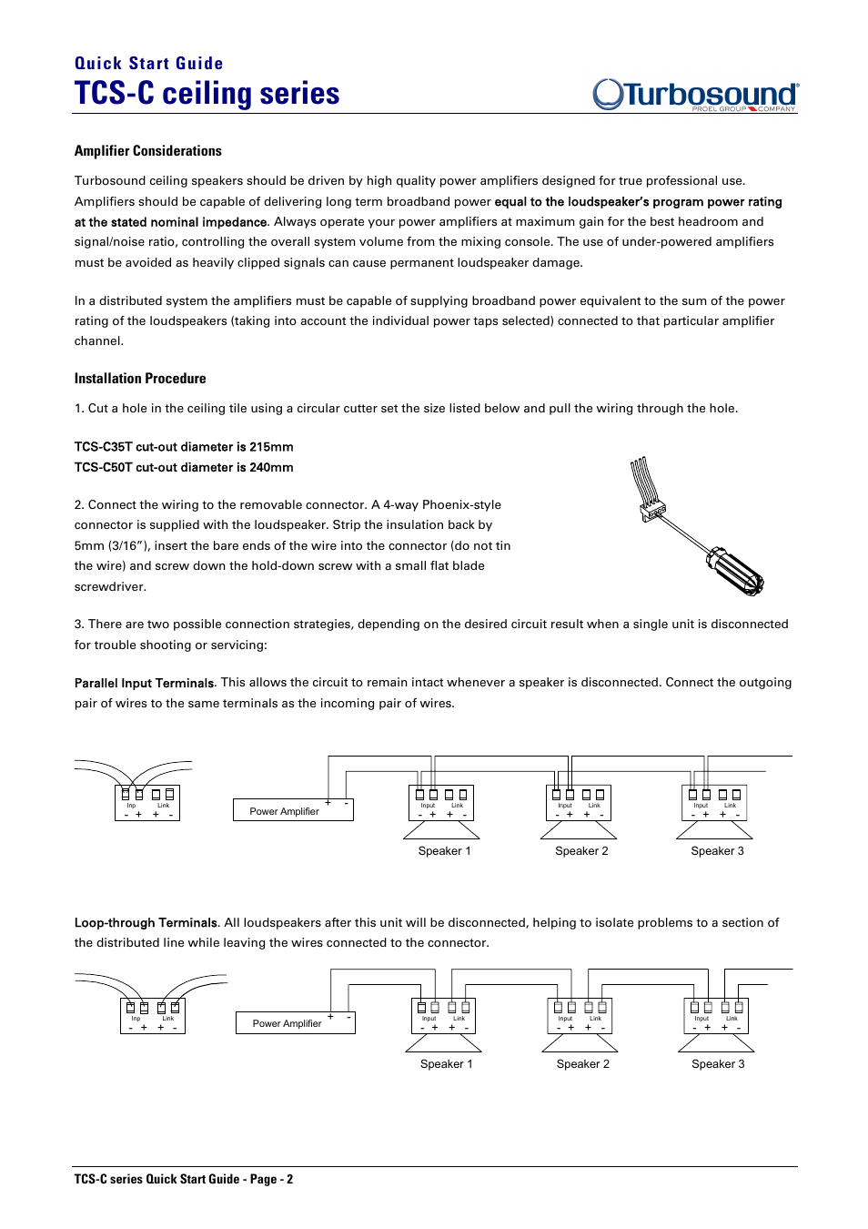 Tcs-c ceiling series, Quick start guide, Amplifier considerations | Installation procedure | Turbosound TCS-C35T User Manual | Page 2 / 4