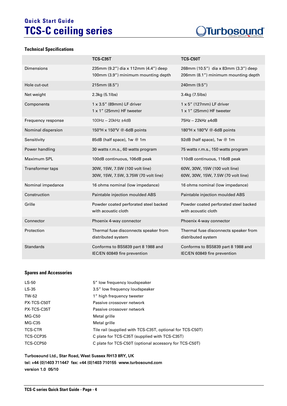 Tcs-c ceiling series, Quick start guide | Turbosound TCS-C35T User Manual | Page 4 / 4
