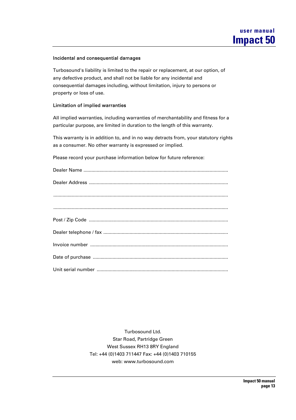 Impact 50 | Turbosound 50T User Manual | Page 13 / 13