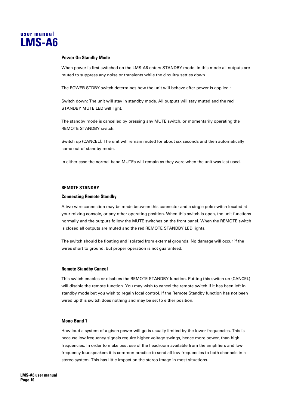 Power on standby mode, Remote standby, Connecting remote standby | Remote standby cancel, Mono band 1, Lms-a6, User manual | Turbosound LMS-A6 User Manual | Page 10 / 15