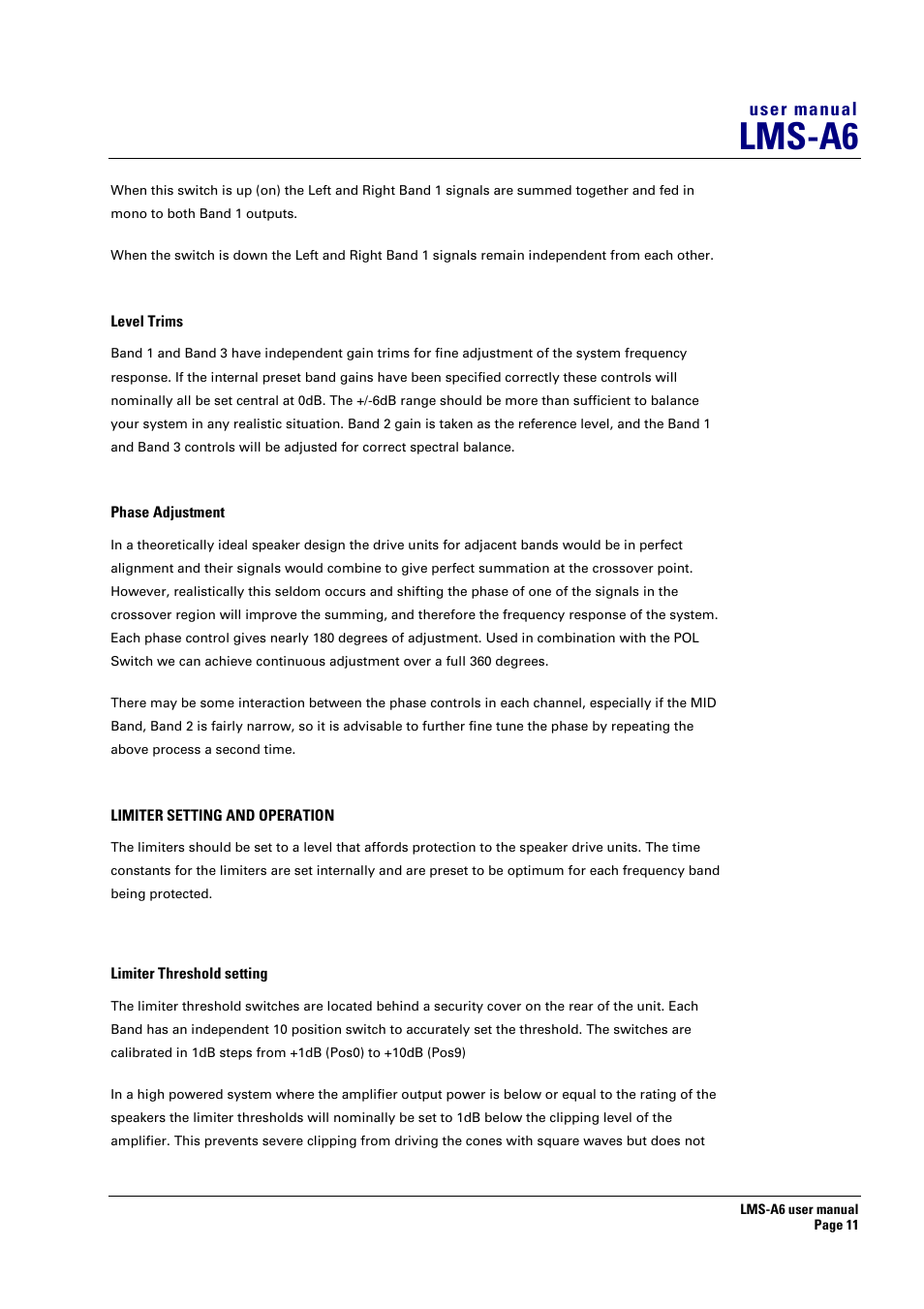 Level trims, Phase adjustment, Limiter setting and operation | Limiter threshold setting, Lms-a6 | Turbosound LMS-A6 User Manual | Page 11 / 15