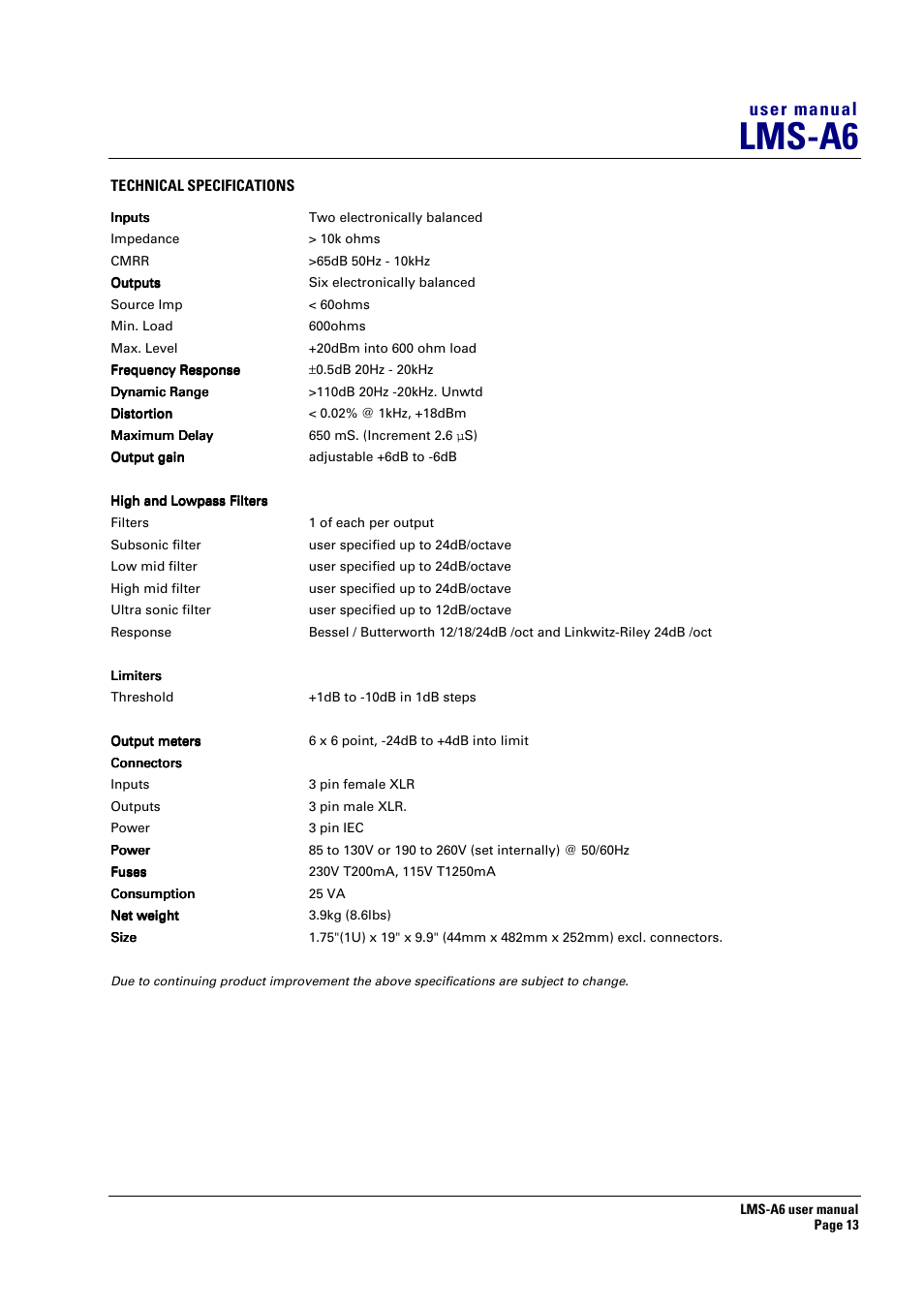 Technical specifications, Lms-a6, User manual | Turbosound LMS-A6 User Manual | Page 13 / 15