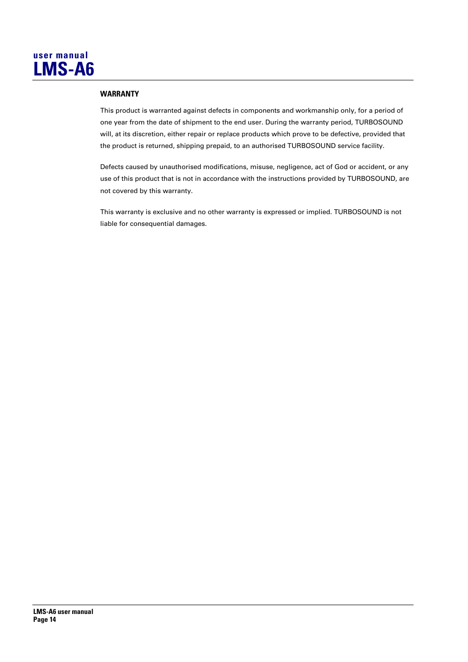 Warranty, Lms-a6 | Turbosound LMS-A6 User Manual | Page 14 / 15