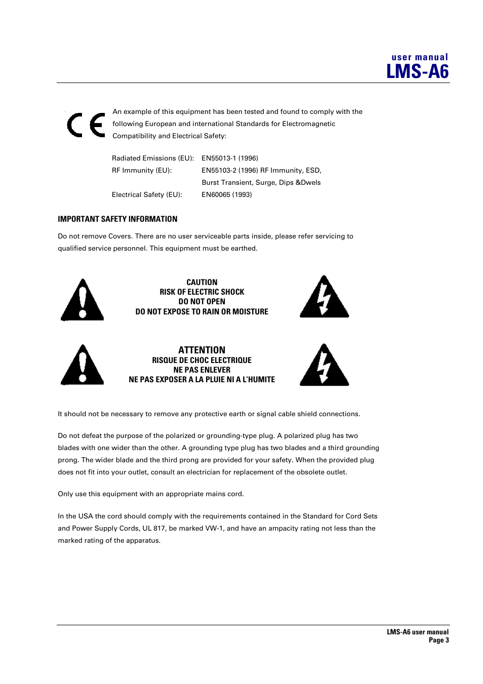 Important safety information, Lms-a6, User manual | Attention | Turbosound LMS-A6 User Manual | Page 3 / 15