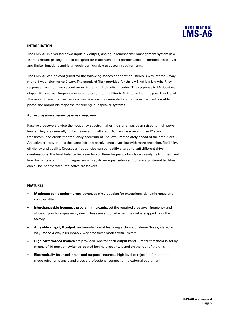 Introduction, Features, Lms-a6 | User manual | Turbosound LMS-A6 User Manual | Page 5 / 15