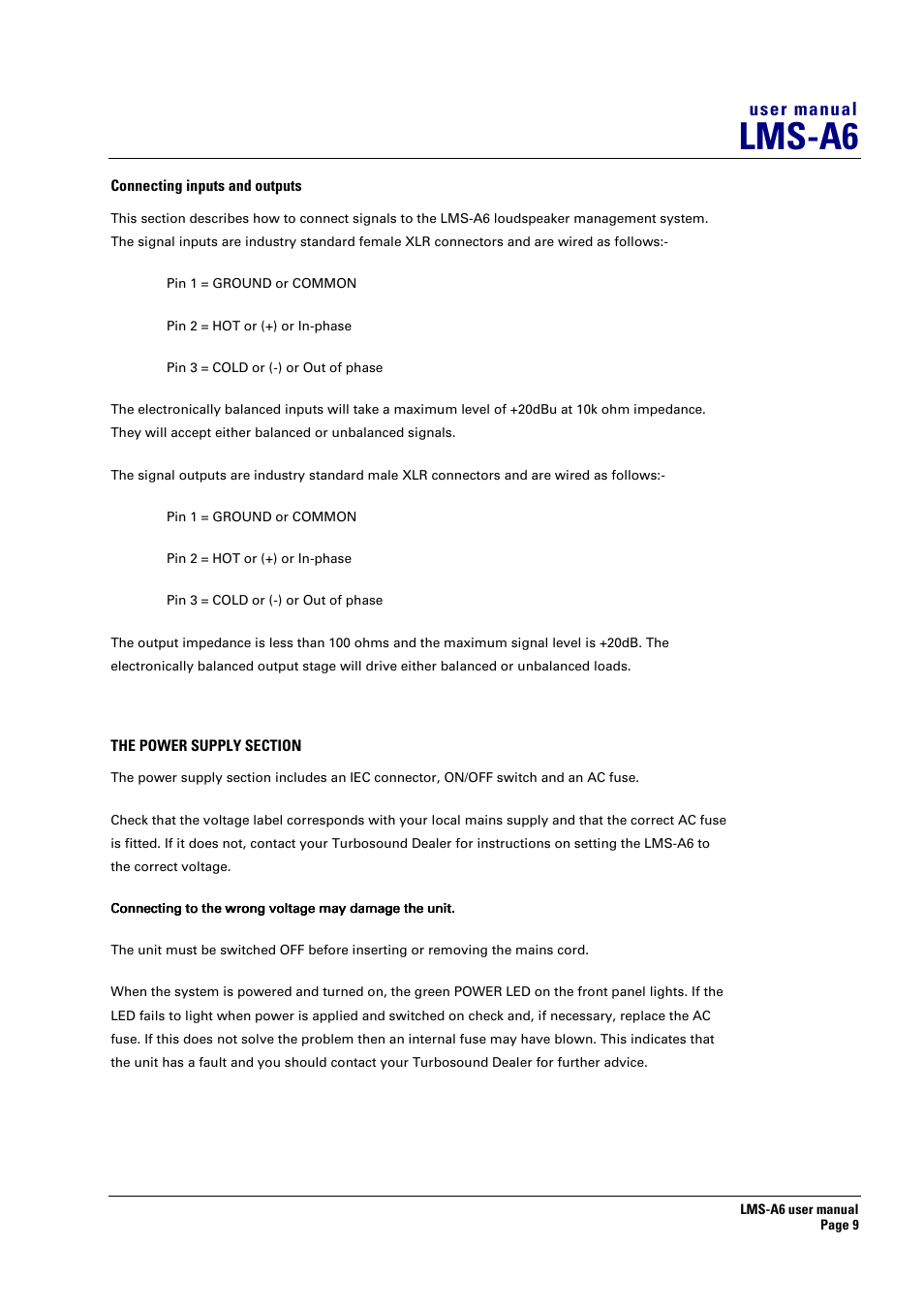 Connecting inputs and outputs, The power supply section, Lms-a6 | User manual | Turbosound LMS-A6 User Manual | Page 9 / 15