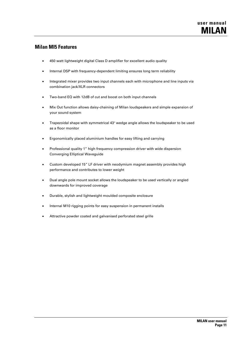 Milan, Milan mi5 features, User manual | Turbosound MILAN MI5 User Manual | Page 11 / 28
