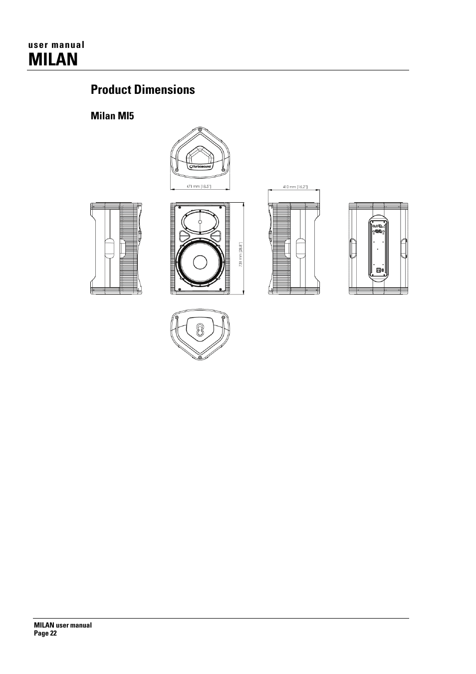 Milan, Product dimensions | Turbosound MILAN MI5 User Manual | Page 22 / 28