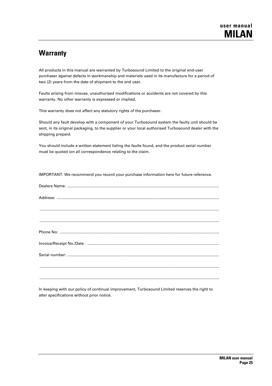 Milan, Warranty, User manual | Turbosound MILAN MI5 User Manual | Page 25 / 28