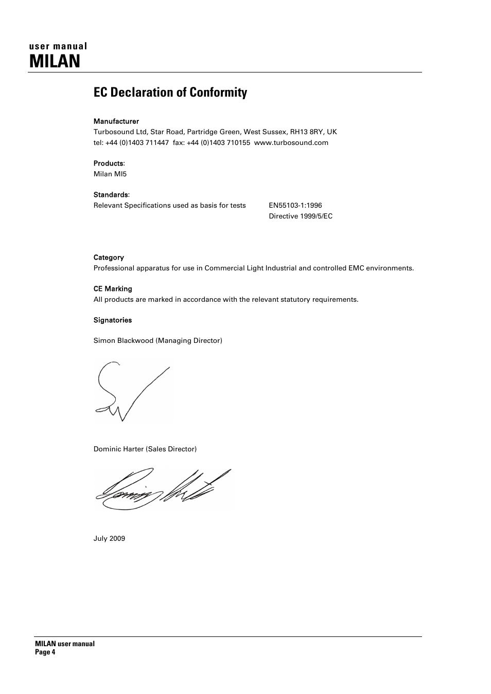 Milan, Ec declaration of conformity, User manual | Turbosound MILAN MI5 User Manual | Page 4 / 28
