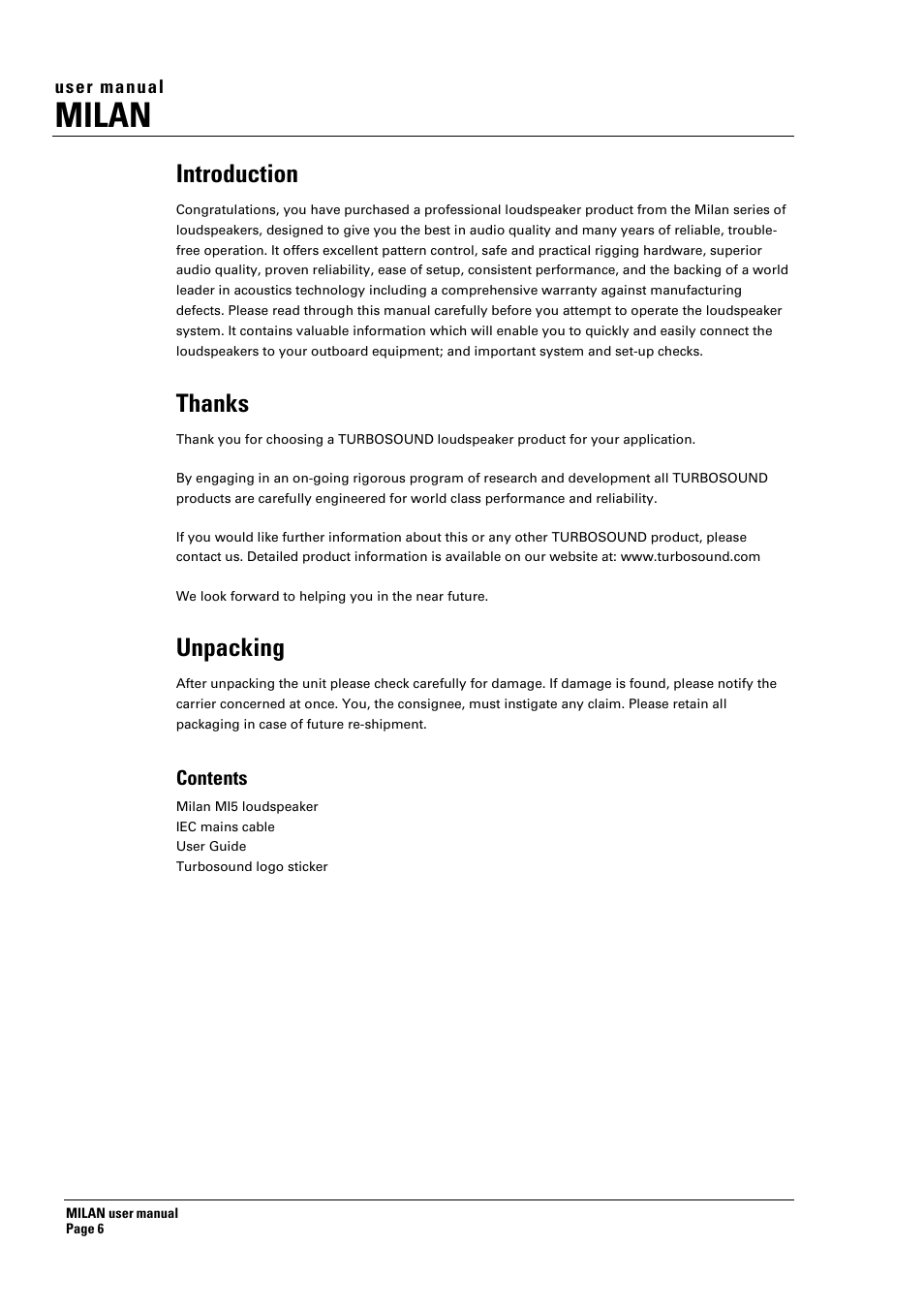 Milan, Introduction, Unpacking | Turbosound MILAN MI5 User Manual | Page 6 / 28