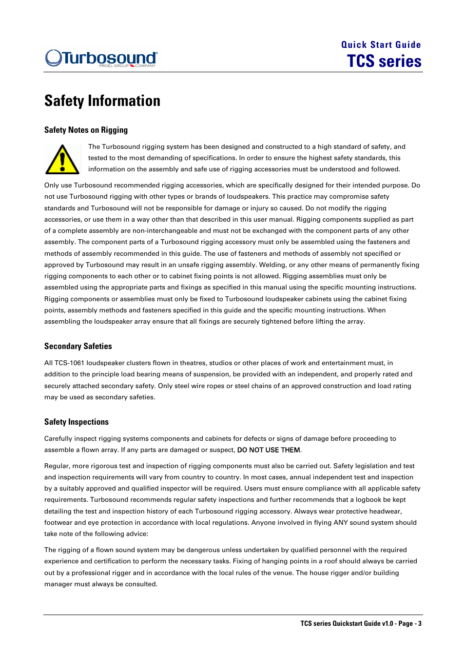 Tcs series, Safety information | Turbosound QIUCKSTAR AND RIGGING TCS-1061 User Manual | Page 3 / 8